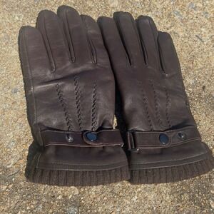 Mens Brown Sheepskin Leather Gloves Cashmere Lined Winter XL Snap Wrist Strap